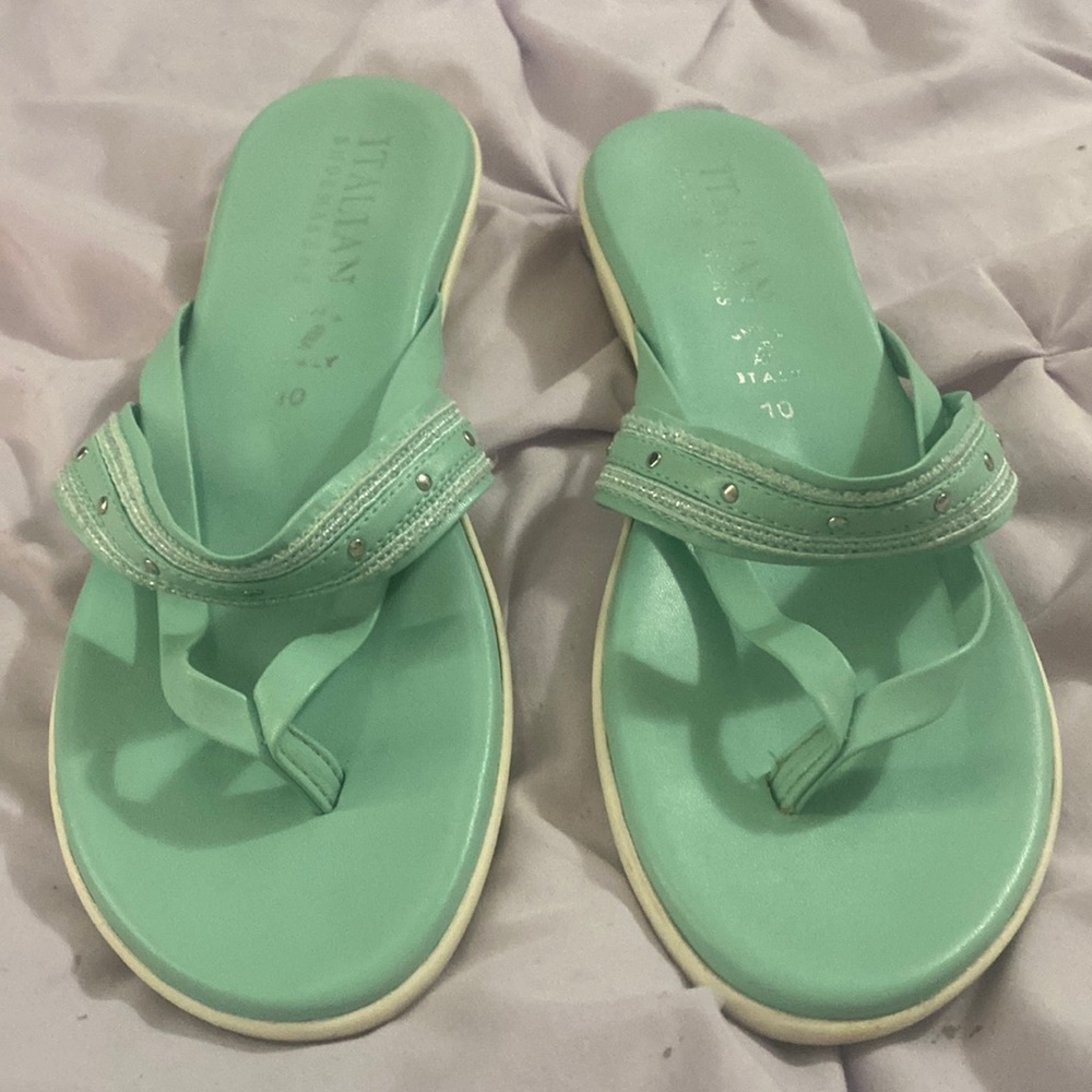 Teal sandals with a small heel